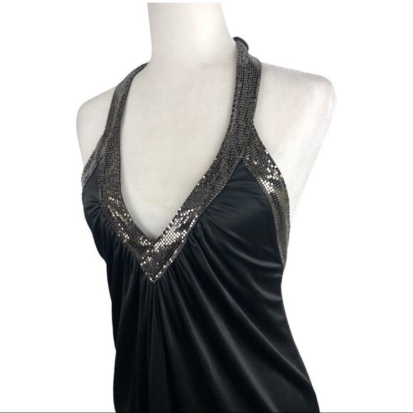 BCBG Diamante Mesh Mini Dress Black V-Neck Halter XS Clubwear Disco Party - Picture 4 of 14